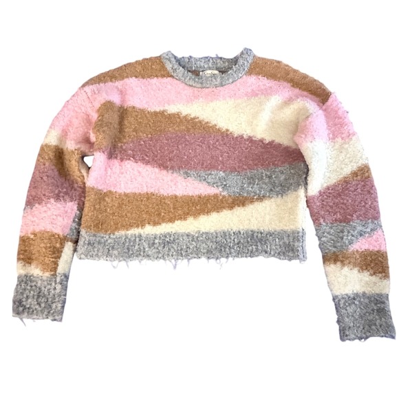 Jessica Simpson Striped Sweater Fuzzy Knit Pullover Pink Brown Gray Small - Picture 1 of 8